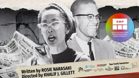 Yuri Kochiyama and Malcolm X surrounded by newspapers, with logo for East West Player.