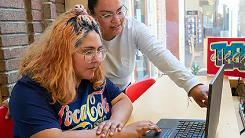 two young adults working at the computer