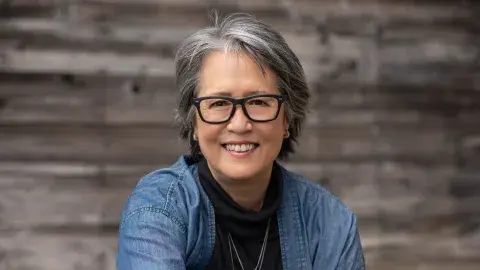 Ruth Ozeki in a blue shirt