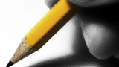 black and white fingers holding a yellow pencil