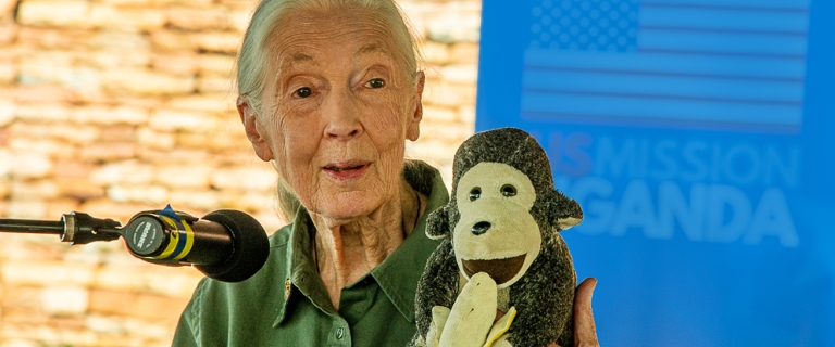 Jane Goodall at a conference holding a monkey toy