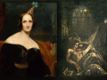 Mary Wollstonecraft Shelley and the insert page from her book Frankenstein