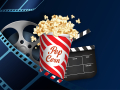dark blue film strip with red and white box with popcorn