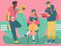 An illustration of three teens reading a book.