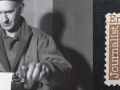 image of Ernie Pyle at typewriter and on stamp