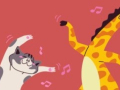 A cat and giraffe dance to the storytime beat