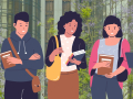 drawing of people on a book walk in front of the library