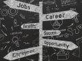 Signs with the words 'jobs, career, benefits, success, opportunity, and development" pointing different ways. 