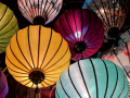 A variety of multicolored paper lanterns