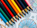 A row of colored pencils lay on top of a coloring page sheet. The page has partially colored flowers on it.