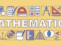 Yellow mathematics banner with math-related icons.