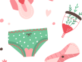 green and pink period products float on a white background