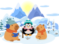 A capybara reading a book to a penguin and smaller capybara outdoors in the snow. 