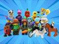 LEGO character and animals gathered together against a blue comic strip background. 