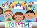 Illustrated picture of five children with a big book and a rainbow behind them.