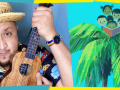 A person with a straw hat smiling, holding a ukulele, wearing a colorful shirt and rainbow bracelet. Next to them, four illustrated children reading atop a palm tree, conveying a joyful and playful mood.