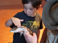 Two children pet a lizard being held by a reptile handler