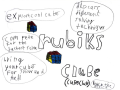 handwritten flyer with two illustrations of rubik's cubes and text reading Rubik's Clube (Cube Club) explore cool cubes, discuss different solving techniques, compete for the fastest solve, bring your cubes for show and tell, learn the basics