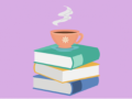 Cartoon books with a carton cup of tea on top on a purple background. 