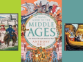Cover art for "A Travel Guide to the Middle Ages" and two depictions of medieval travel.