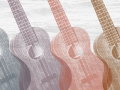 4 Ukuleles in halftone with a background of water