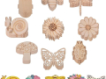 Wooden cutouts of flowers and insects. 
