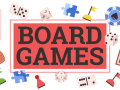 Image of board game materials and a sign that reads "board games"