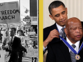John Lewis holding a sign that reads "Join the Freedom March" while walking with other people; President Obama presenting the Presidential Medal of Freedom to John Lewis.