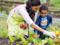 a mom and a child gardening plants
