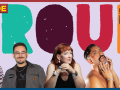 5 people against a colorful barckground that spells out PROUD