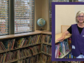 Photo of the picture book shelves at the Palms-Rancho Park Branch with an inset portrait photo of Linda
