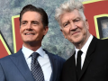 David Lynch and Kyle McLaughlin and a red curtain that says Twin Peaks