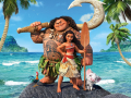 A young Polynesian teenager holding a wooden oar and demigod Maui behind her. 