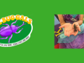 Logo for The Bug Gals with a purple beetle and a photo of a child in a purple and green dress holding a live beetle.