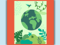 Illustration of the Earth, leaves and vines and flower shapes. A small hummingbird hovers over the Earth.