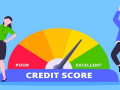 Man and woman standing next to credit score