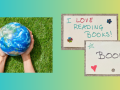 image of hands holding globe; card with word Books; card with words I love reading books
