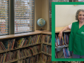 Photo of the picture book shelves at the Palms-Rancho Park Branch with an inset portrait photo of Sandra
