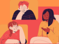 An illustration of three teens talking against a red and orange background.
