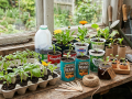 Image of seedlings growing in egg cartons, eggs, cans on a table