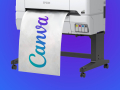 A poster printer printing the logo Canva on a blue background