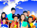 children of diverse backgrounds holding books in front of world map