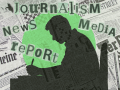 Silhouette of a seated man writing with newspaper imagery in the background.