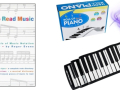 A foldout keyboard is shown next to a book on reading music.