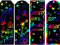 Six colorful rainbow scratch-art bookmarks with different designs and patterns.