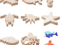 Blank wooden cutouts of ocean animals. 