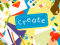 Word "Create" in the center. A top view table with hands cutting paper, painting, sketching and creating.