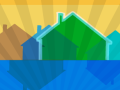 outline of three houses on a yellow background