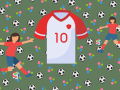 a white and red number ten jersey in the middle with two girls in red shirts and blue shorts on both sides kicking soccer balls, it a repeating background of soccer balls in the background