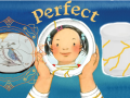 A picture from Waka T. Brown's "Perfect" with a girl looking at her reflection from a broken plate fixed with kintsugi gold glue
